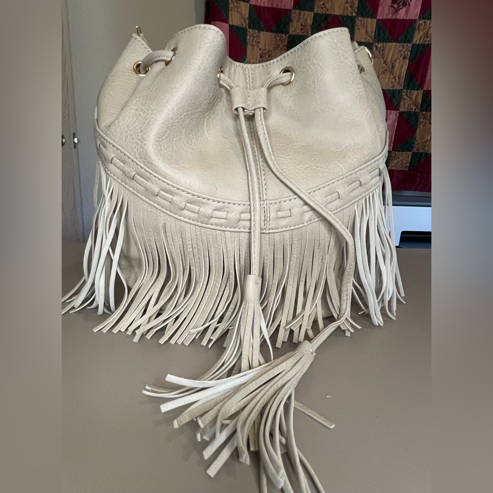 Fringed Cream Bucket Bag